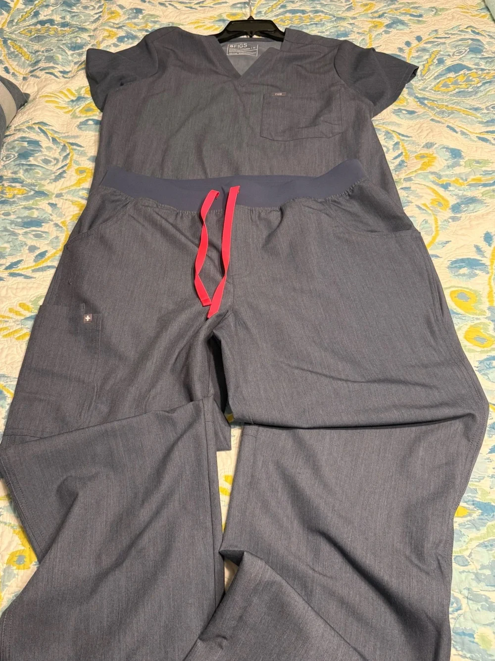 Figs Slate Blue Scrub Set with Pink Drawstring